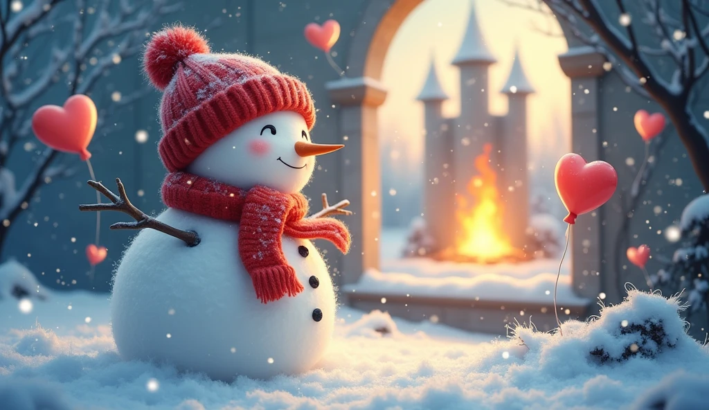 A charming fluffy white snowman wearing a red knitted hat and a red scarf with a heart design, he looking into the castle through the window, he fall in love with a fireplace in the castle . The snowman has bright, sparkling black stone coal eyes and a delicate, happy expression. It sits in an enchanting winter setting with light blue heart-shaped balloons and heart-shaped snowflakes drifting around. The surrounding trees are laden with snow and the sky above glows with a gentle twilight yellow, contributing to a magical and affectionate mood. The image should embody a cartoon-like and extremely adorable style, with a soft-focus background to amplify the fairy-tale-like ambiance of the composition.