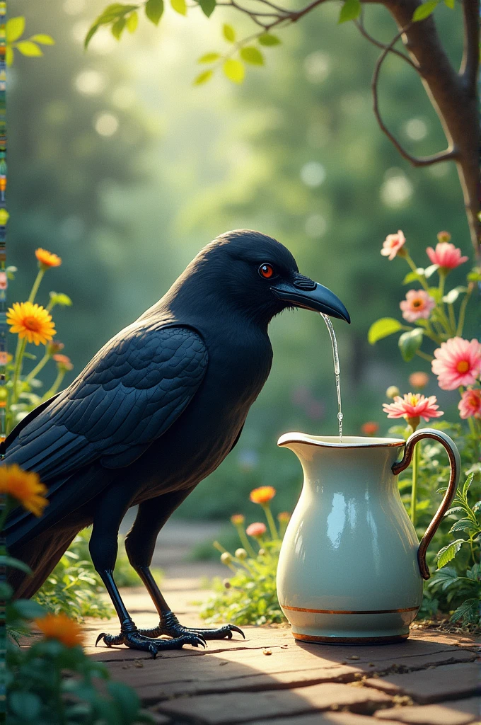 Thirsty crow find a pitcher in the garden with low water in it