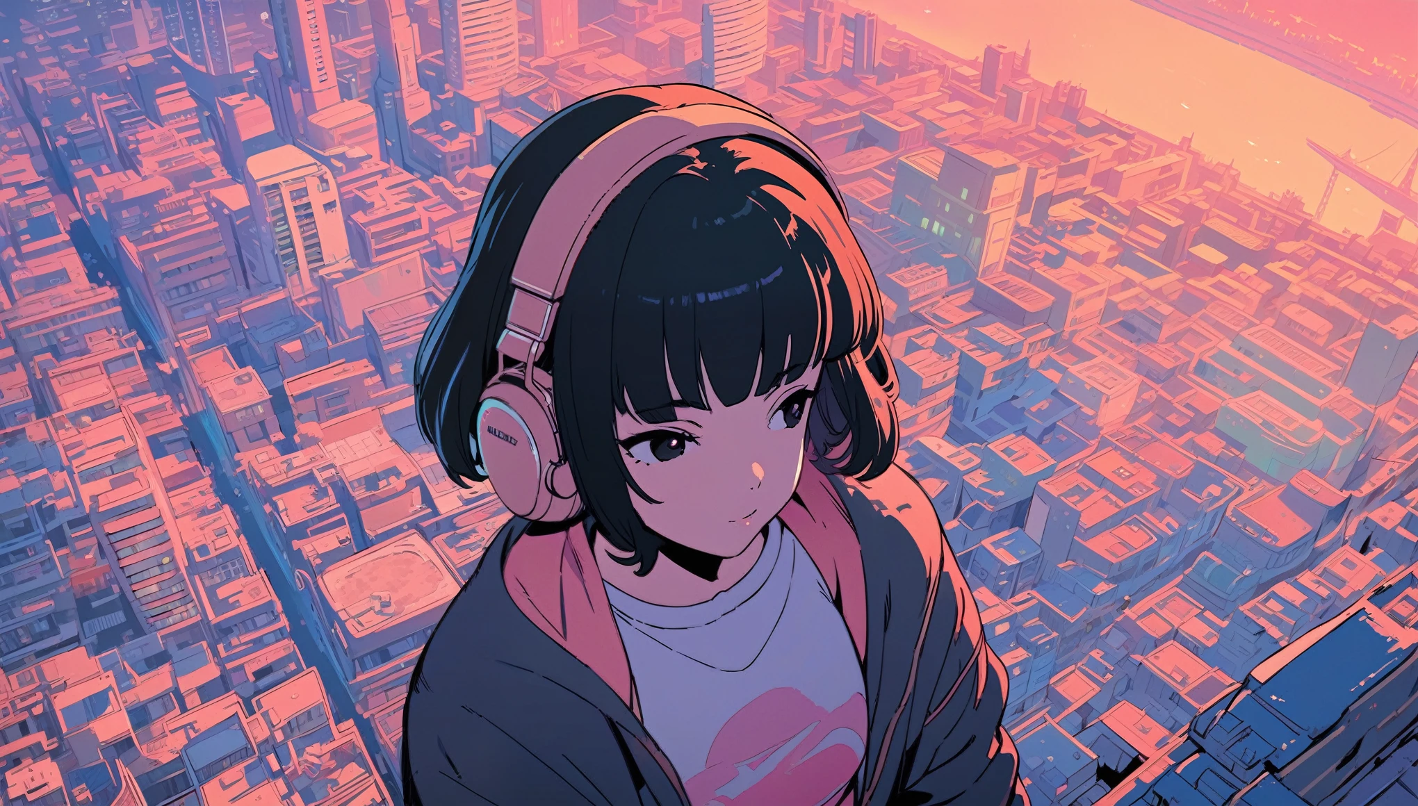 (extremely detailed CG unity 8k wallpaper), (best quality), (best illustration), (best shadow), realistic lighting, beautiful detailed reglow, masterpiece, best quality, lofi artstyle, lofi art, city, town, 80s anime style, Retro, Lo-Fi, 1girl, bangs, black eyes, black hair, blunt bangs, half-closed eyes, headphones, long sleeves, shirt, short hair, simple background, solo, upper body, medium shot, Close Eyes