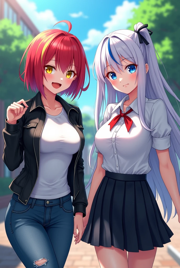 2 girls, busty, schoolyard, BREAK (masterpiece:1.2), best quality, high resolution, unity 8k wallpaper, (illustration:0.8), (beautiful detailed eyes:1.0), extremely detailed face, perfect lighting, extremely detailed CG, (perfect hands, perfect anatomy), (1 girl, busty, with short red hair and yellow streaks, yellow eyes, black leather jacket, white t-shirt, torn jeans, mischievous smile), (1 girl, busty, with long straight white hair with blue streaks, light blue eyes, white blouse, black pleated skirt, cold face), sharp and sexy anime style