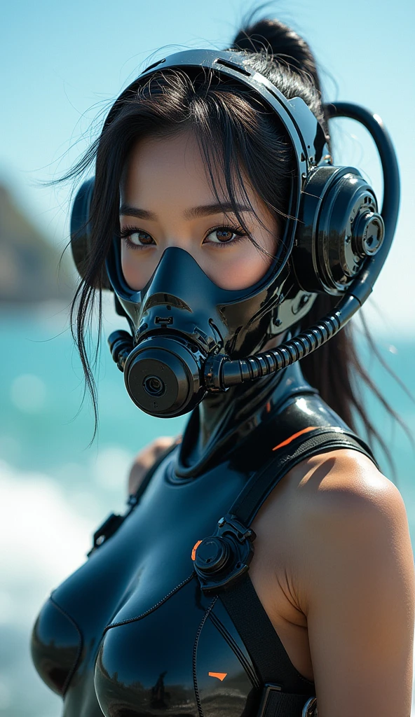 photo-realistic, ultra-realistic, very beautiful Japanese, famous Japanese idol, 20 years old, dramatic scene, masterpiece, beautiful eyes, (face focus, acrobatic closeup to her beautiful scuba-masked face:1.3), (extremely intricated with extremely complex cyber punk mecha armored full-face scuba mask with air hose:1.5), (wearing cyber punk mecha-suits with neon marker:1.5), (she is acrobatic jet skiing on the sea:1.5), (super big jump in the air over the huge waves:1.5), (fully equipped with scuba equipment:1.3), amazing view of huge waves, acrobatic pose, dynamic angle, spectacular, Nimble movements, Sharp turns, (very large breasts), 