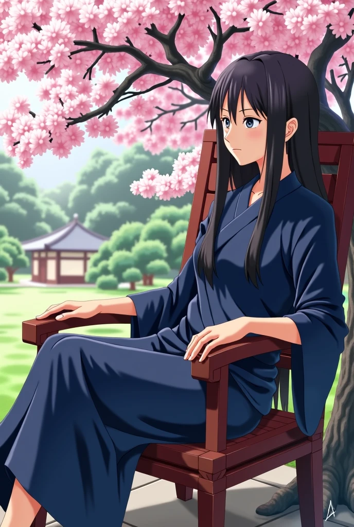 A hyuga (from naruto series) with long straight hair, wear a deep blue yukata, relax on a chinese chair under the elder sakura in his garden