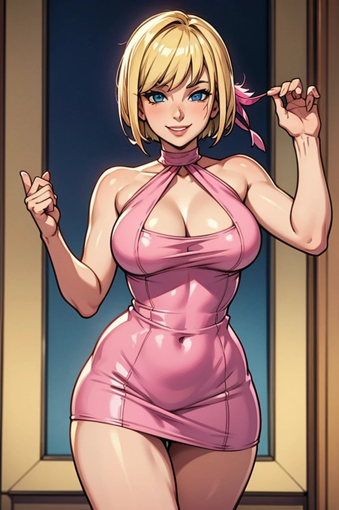 Blonde girl with short hair, blue eyes, smiling in party pose, wearing a short and tight pink mini dress, Neckline dress , and showing her thighs, wearing a pink feather stole Passing through the neck