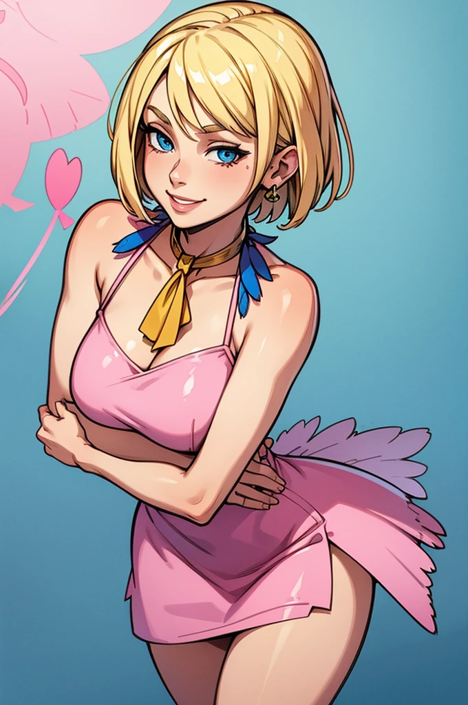 Blonde girl with short hair, blue eyes, smiling in party pose, wearing a short and tight pink mini dress, Neckline dress , and showing her thighs, wearing a pink feather stole Passing through the neck