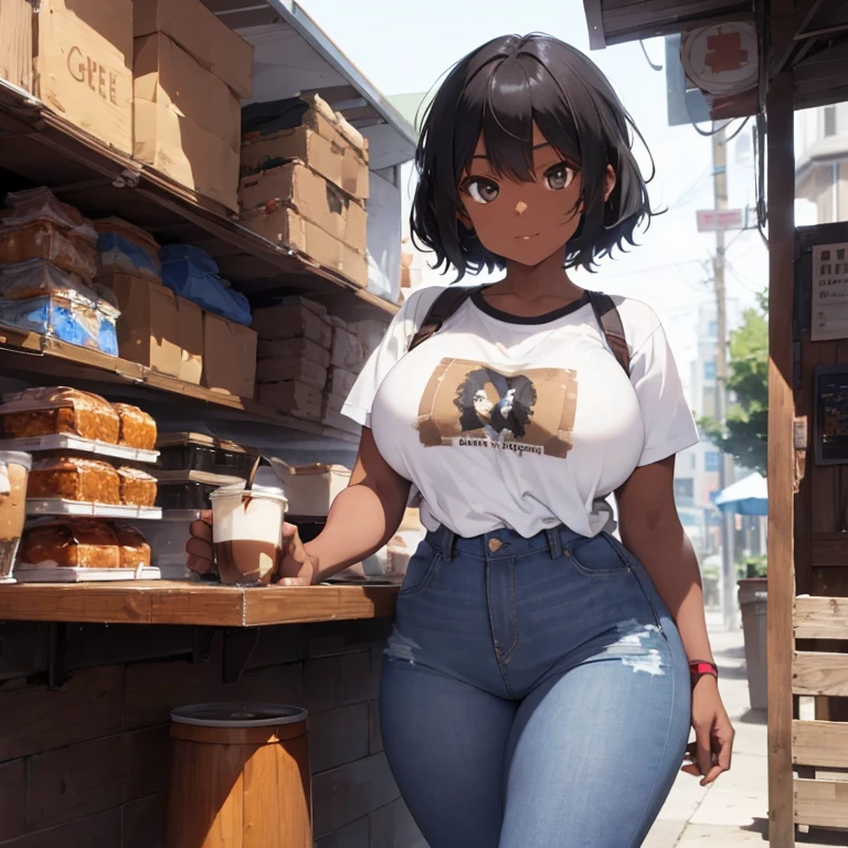 1 female, teen, darker skin, black afro hair, huge breast, thick legs, coffee worker, shirt, jean
