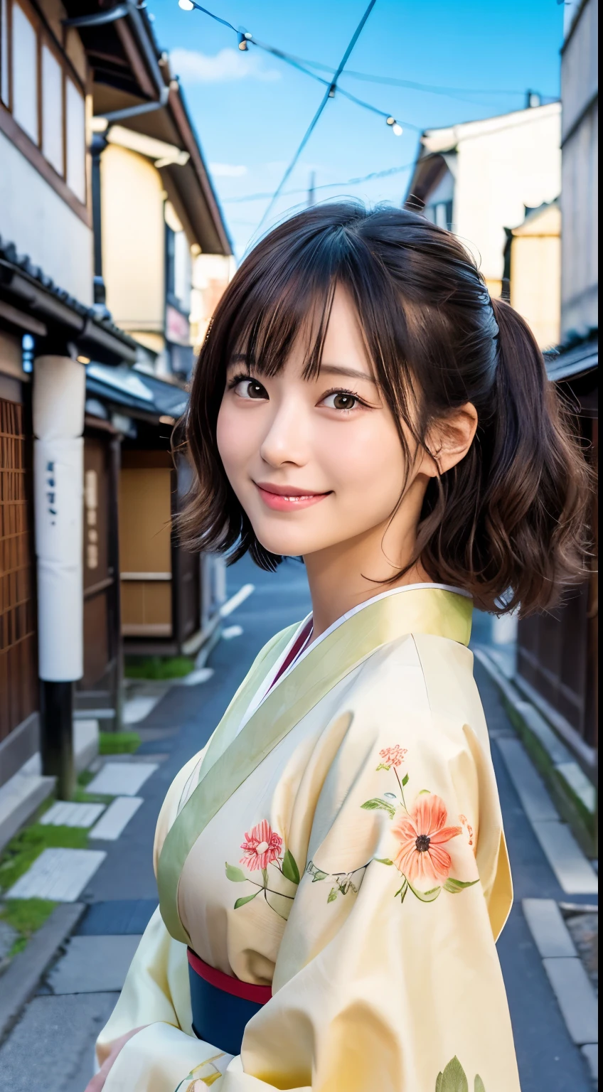 Professional Lighting,(Photorealistic:1.4), (Top image quality:1.0), (超High resolution:1.0), 8k, Raw photography, (masterpiece:0.2), (Facing the children_v1:0.5)、(最高quality Detail:1.2)、Realistic、8k UHD、High resolution、(1 person:1.2)、超detailedな、High quality textures、複雑なdetailed、detailed、Very detailed CG、High quality shadows、detailed 美しく繊細な顔、Beautiful details and a delicate eye、(Symmetrical eyes:1.2),Written boundary depth、Ray Tracing,1 person, Japanese, (Natural smile:1.4),cute, thin, Portrait of a beautiful Japanese woman in a kimono, Standing elegantly on a street corner in Kyoto. Kimono with vibrant traditional patterns, Hair decorated with elegant and delicate hairpins, Gentle expression. (With the old streets of Kyoto in the background:1.4)、The soft light of a spring afternoon、Adding tranquility to the scene. Rendered in a Realistic style with great attention to detail, High resolutionの画像.Sky Porn, Magic Hour, (Realistic:1.3), finely, quality, (Tabletop:1.2), (Realistic:1.2), (最高quality), (複雑なdetailed), dramatic, Ray Tracing, photograph, +roller