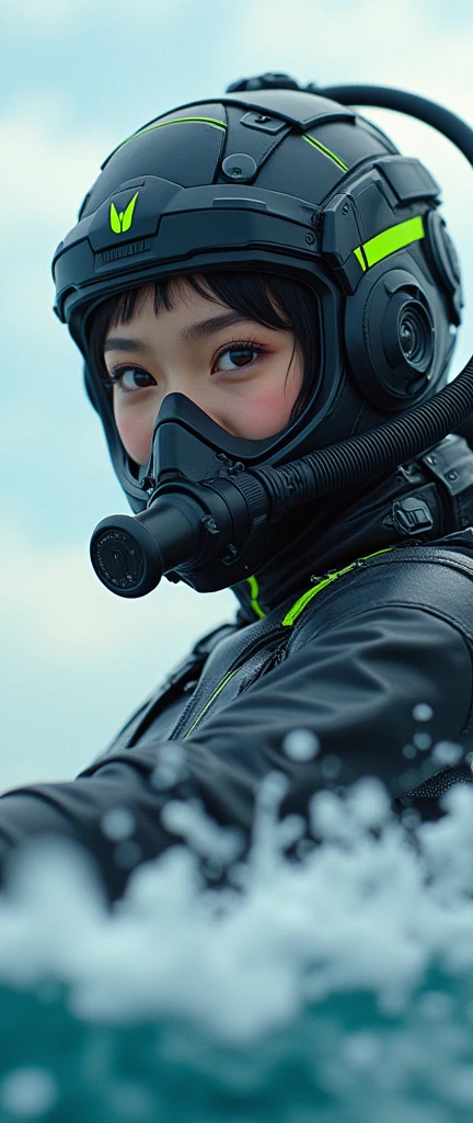 photo-realistic, ultra-realistic, very beautiful Japanese, famous Japanese idol, 20 years old, dramatic scene, masterpiece, beautiful eyes, (face focus, acrobatic closeup to her beautiful scuba-masked face:1.3), (extremely intricated with extremely complex cyber punk mecha armored full-face scuba mask with air hose:1.5), (wearing cyber punk mecha-suits with neon marker:1.5), (she is acrobatic jet skiing on the sea:1.5), (super big jump in the air over the huge waves:1.5), (fully equipped with scuba equipment:1.3), amazing view of huge waves, acrobatic pose, dynamic angle, spectacular, Nimble movements, Sharp turns, (very large breasts),