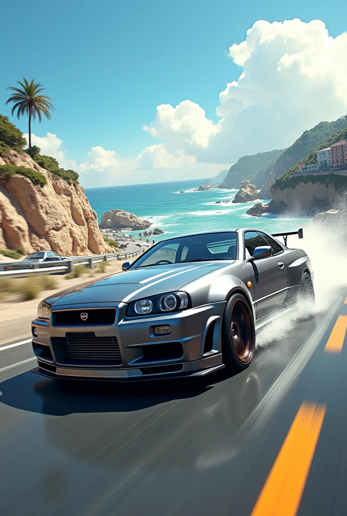 Fast & furious skyline moving in a clear sky near sea shores through some traffic