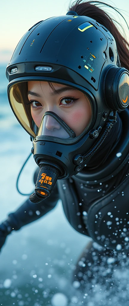 photo-realistic, ultra-realistic, very beautiful Japanese, famous Japanese idol, 20 years old, dramatic scene, masterpiece, beautiful eyes, (face focus, acrobatic closeup to her beautiful scuba-masked face:1.3), (extremely intricated with extremely complex cyber punk mecha armored full-face scuba mask with air hose:1.5), (wearing cyber punk mecha-suits with neon marker:1.5), (she is acrobatic jet skiing on the sea:1.5), (super big jump in the air over the huge waves:1.5), (fully equipped with scuba equipment:1.3), amazing view of huge waves, acrobatic pose, dynamic angle, spectacular, Nimble movements, Sharp turns, (very large breasts),