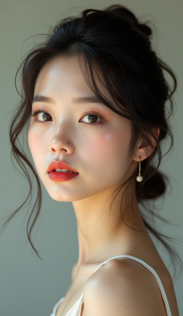 realistic portrait of a beautiful girl, detailed facial features, expressive eyes, full lips, delicate skin, elegant hairstyle, masterpiece, best quality, highres, photo_light, ulzzang aesthetic, ultra-detailed, photorealistic, vivid colors, cinematic lighting