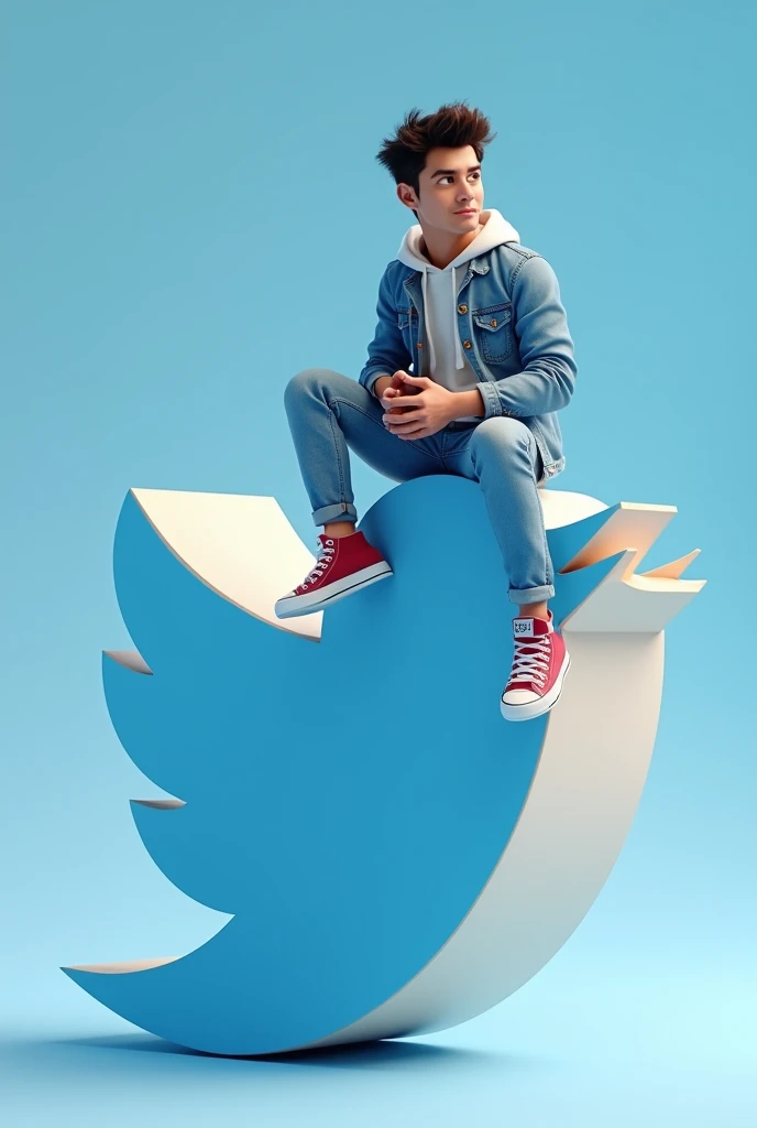 Create a 3D illustration of an animated character sitting casually on top of a social media logo "Twitter". The character must wear casual modern clothing such as jeans jacket and sneakers shoes. The background of the image is a social media profile page with a user name "Simran Jain" and a profile picture that match.