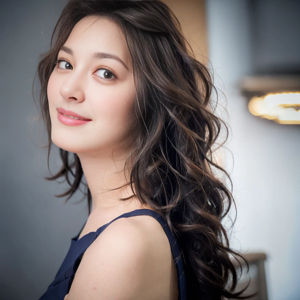 a Close-up portrait of gorgeous smiling cute Japanese woman in a glamorous blue dress outfit, delicate facial features, porcelain-skinned, ponytail, a fusion of young Marion Cotillard's striking eyes and young Anne Hathaway's introspective gaze, long and slender cute face, curved eyebrows, droopy hooded eyes, low nasal bridge, wavy nose, smiling, thin lips, flowing pixie black hair in the wind, silhouette, bokeh, lobby bar lounge background,
