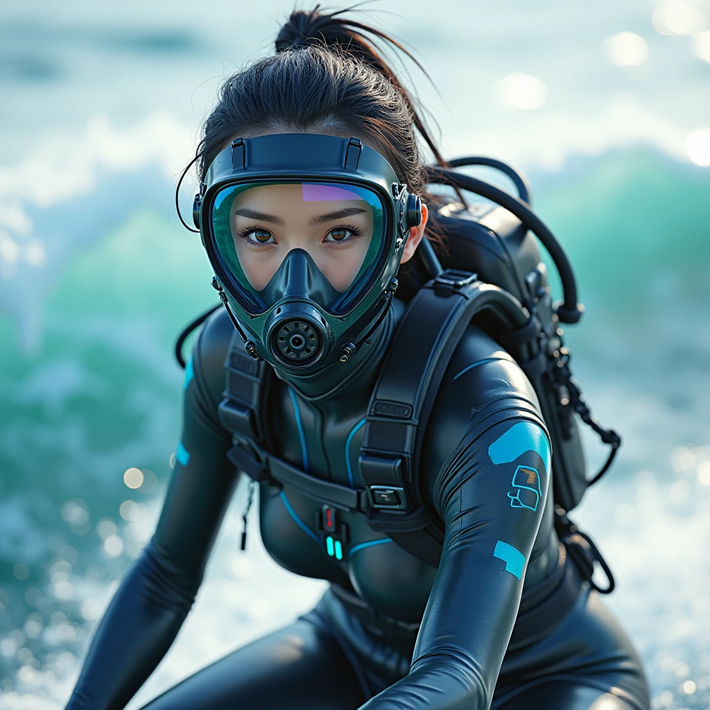 photo-realistic, ultra-realistic, very beautiful Japanese, famous Japanese idol, 20 years old, dramatic scene, masterpiece, beautiful eyes, (face focus, acrobatic closeup to her beautiful scuba-masked face:1.3), (extremely intricated with extremely complex cyber punk mecha armored full-face scuba mask with air hose:1.5), (wearing cyber punk mecha-suits with neon marker:1.5), (she is acrobatic jet skiing on the sea:1.5), (super big jump in the air over the huge waves:1.5), (fully equipped with scuba equipment:1.3), amazing view of huge waves, acrobatic pose, dynamic angle, spectacular, Nimble movements, Sharp turns, (very large breasts), 