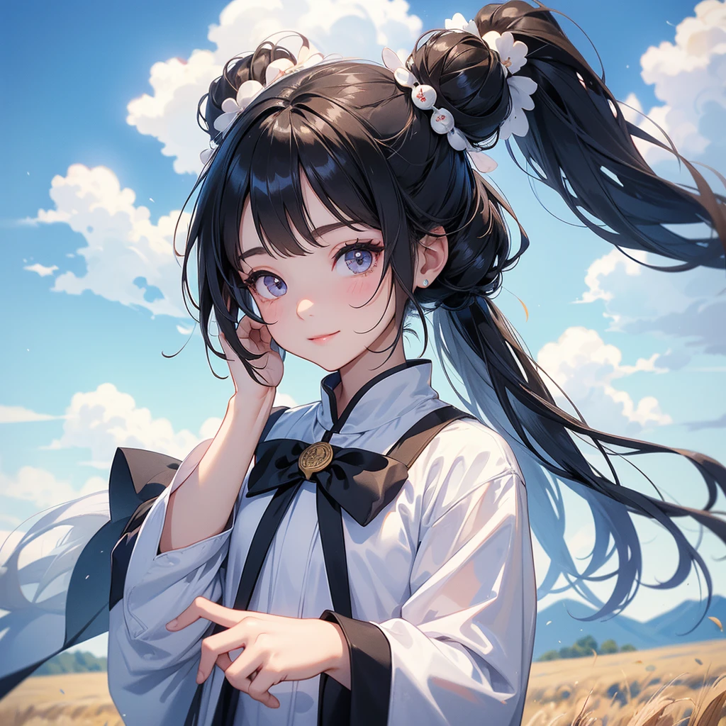 A chibi child girl had a small face and Wearing white little Taoist priest's outfit. A pair of big round eyes shone with curiosity about him. This child was so cute! ,her hair is black with two buns on her hair.small chibi, chibi baby, smiling,The little chibi baby looked up with his chest raised, and his face was old and proud.

Standing in the middle of a wheat field, behind which are mountains, there are low clouds floating in the blue sky.