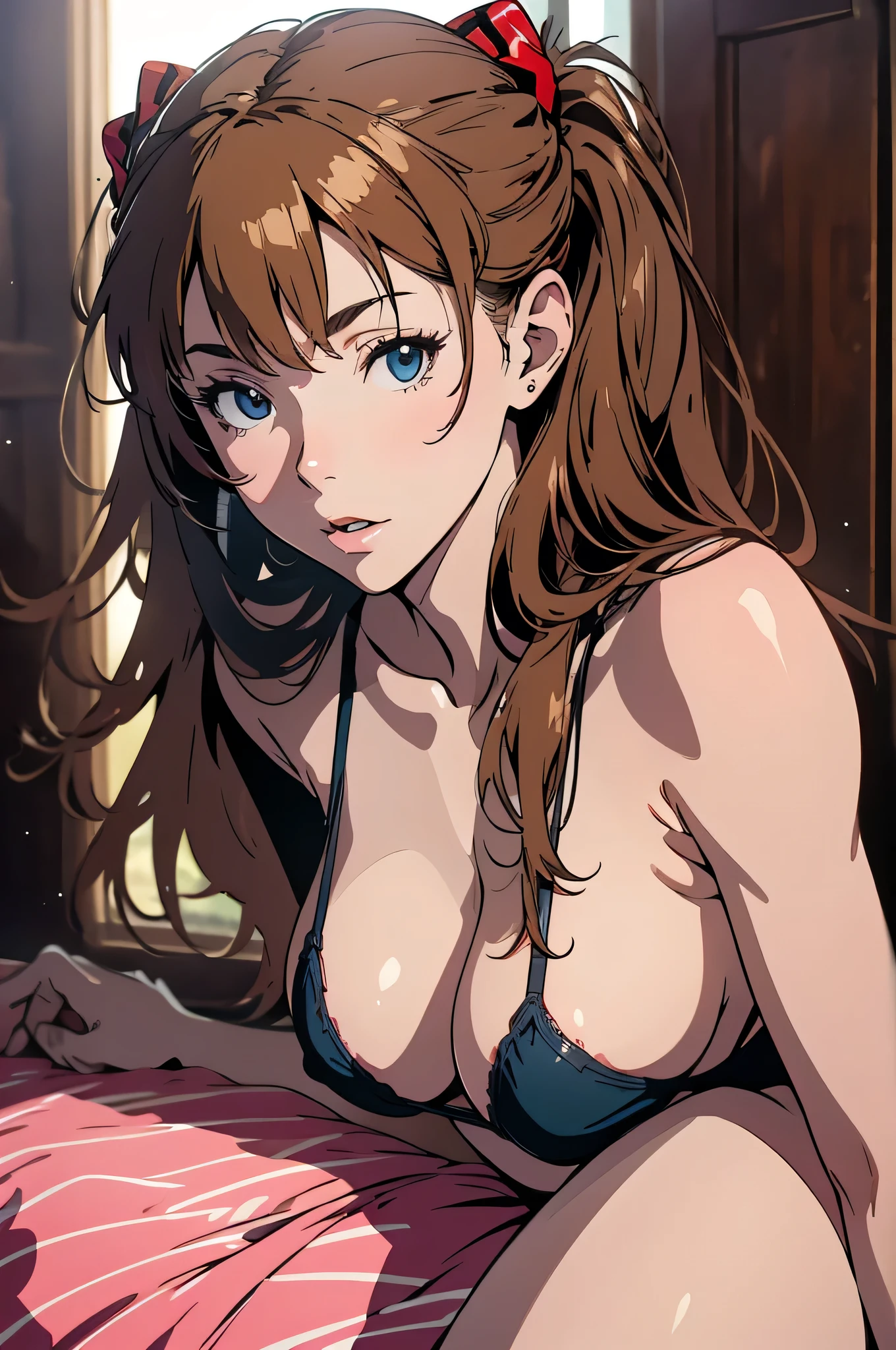 hair band, Medium Hair, ribbon, socks,((((Highest quality, 8k, 32K, masterpiece, 超High resolution: 1.2)))),EvangelionAsuka,Delicate and smooth skin, Realistic Skin, Perfect and beautiful face, Perfect pretty face, (From above: 1.2), , (Thin black underwear, Fleshy pubic area, Beautiful nipple exposure: 1.4)), See-through skin-colored micro bikini, Are standing)), Glowing Skin, Beautiful waistline, masterpiece, Highest quality, High resolution, alone, Big Breasts, indoor, Out-of-position good, Thong, (arrival: 1.2), Lying down, From below,Disheveled underwear, Shortness of breath, An invitation to sexual expression, Single women, Light good,,, Cleavage, close your eyes, lips, Long Hair, Open your mouth, photograph_, pink_good,,(masterpiece),(Photorealistic: 1.3), NFSW, Super detailed, (Skin with attention to detail: 1.2), (Highest quality: 1.0), (超High resolution: 1.0), (Highest quality, 8k, 32K, masterpiece, 超High resolution: 1.2), ((Spread your legs)), float your hips 1 person, 1 person, Asuka, Red clothes, Evangelion, 8k, Highest quality, (((masturbation, all fours, from behind, from below, focus on panties, focus on panties, hand on pussy,)))