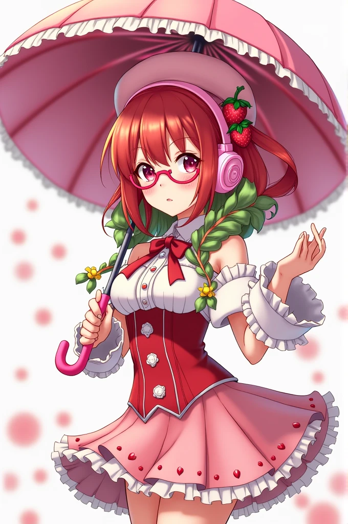 A red-haired brunette anime girl with a red corset and white hand warmers with a pink beret in her hair and pink glasses and Strawberry headphones with a pink umbrella and curly green hair.