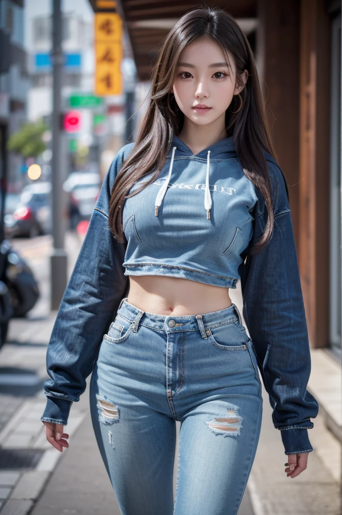 best quality, 8k, very delicate and beautiful, highly detailed face and skin texture, shiny skin, high resolution, beautiful japanese girl in cropped hoodie and tight denim pants walking in city, sharp focus