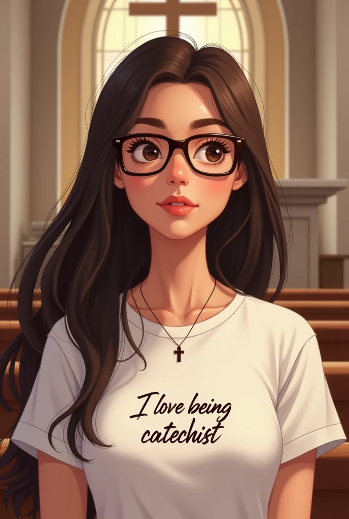 Brunette woman with very long and very straight hair and dark brown eyes, with brown rectangular glasses with a slightly wide nose, with a white shirt,that says on the chest:( I love being a catechist) en español y un ❤️ con una cruz pequeña en el cuello con un fondo de una iglesia. let it be illustrated