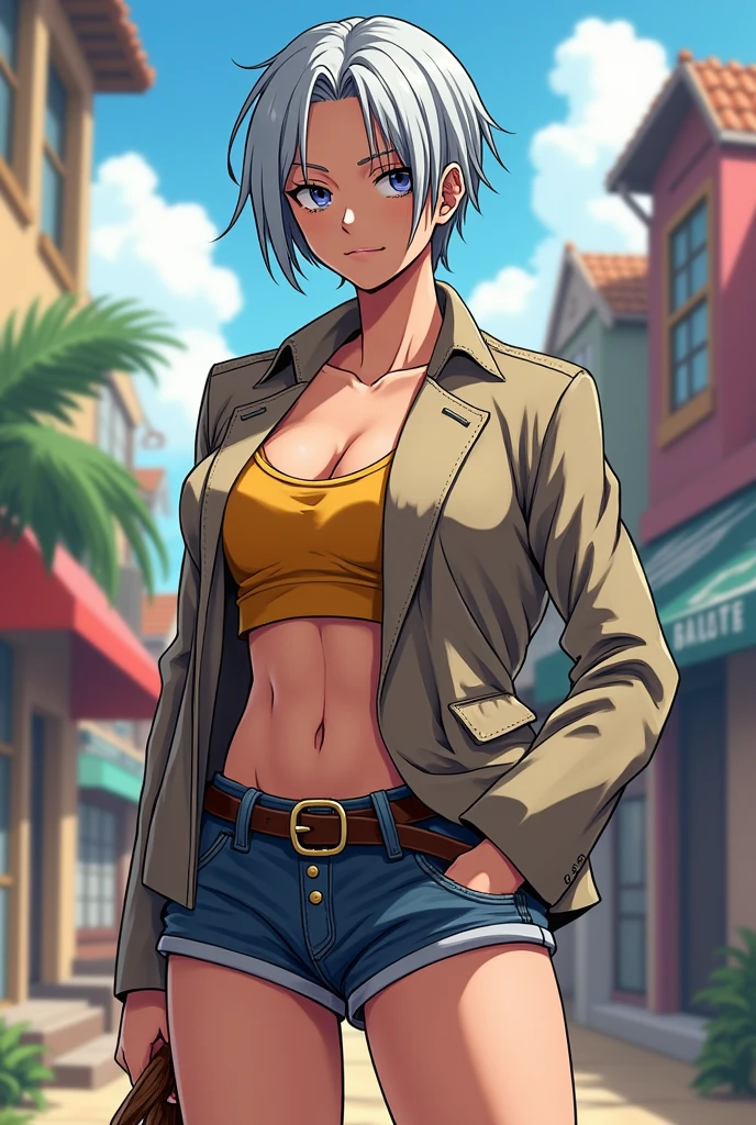 New one piece character, , face with masculine features, woman body, very small breasts, short gray hair, white and with men's clothing. In the style of one piece drawing