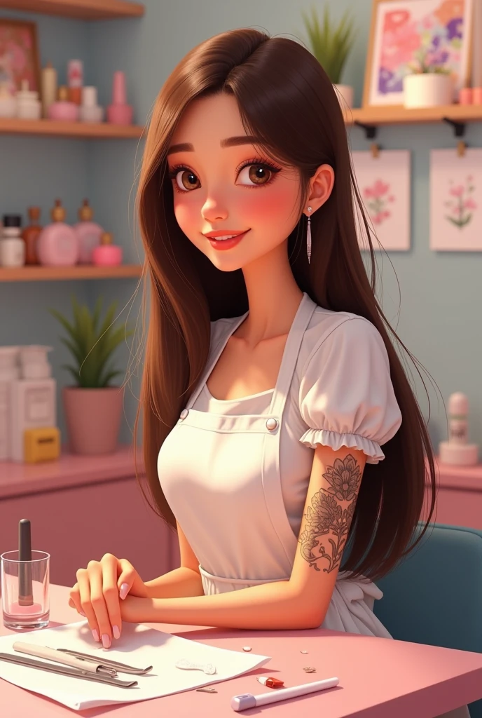 Brisa Manicurist pixar, with apron long straight brown hair brown eyes, small eye, brunette tattoo on forearm