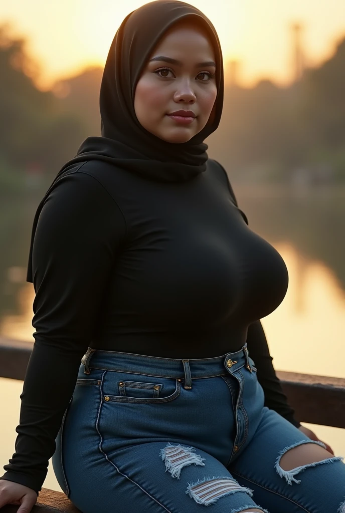 (photo realistic:1.4), (hyper realistic:1.4), (realistic:1.3), (smoother lighting:1.05), (increase cinematic lighting quality:0.9), 32K, 1girl, 30yearsold plump indonesian woman, huge breasted, wear hijab, tight longsleeve t-shirt, torn jeans, sitting on the riverside fence, realistic lighting, backlighting, light on face, ray trace, (brightening light:1.2), (Increase quality:1.4), (best quality real texture skin:1.4), finely detailed eyes, finely detailed face, finely quality eyes, (sensual and seductive expression:0.0).