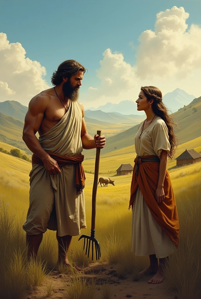 Biblical character Jacob working with Rachel looking on 