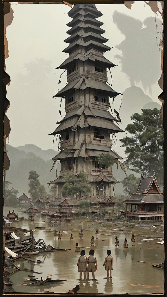 "A rare, faded, and blurry old-style image of Thai villagers from the Amphawa period standing near the wreckage of a massive, heavily damaged UFO that is partially embedded into the ground. The UFO is intricately detailed with a futuristic design, appearing almost ancient in its decay. In the background, traditional Thai architecture with tall pagodas adds a historical contrast. The villagers, dressed in traditional Amphawa attire, stand solemnly, looking towards the wreckage. The image has a worn, cracked, and aged appearance, as if it were an old photograph, with desaturated and muted colors."