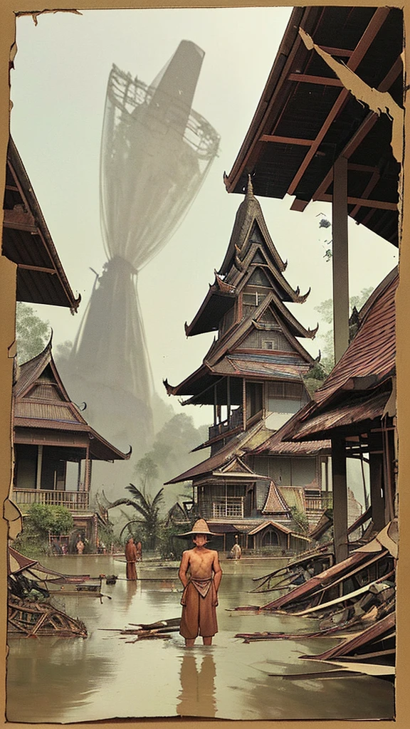 "A rare, faded, and blurry old-style image of Thai villagers from the Amphawa period standing near the wreckage of a massive, heavily damaged UFO that is partially embedded into the ground. The UFO is intricately detailed with a futuristic design, appearing almost ancient in its decay. In the background, traditional Thai architecture with tall pagodas adds a historical contrast. The villagers, dressed in traditional Amphawa attire, stand solemnly, looking towards the wreckage. The image has a worn, cracked, and aged appearance, as if it were an old photograph, with desaturated and muted colors."