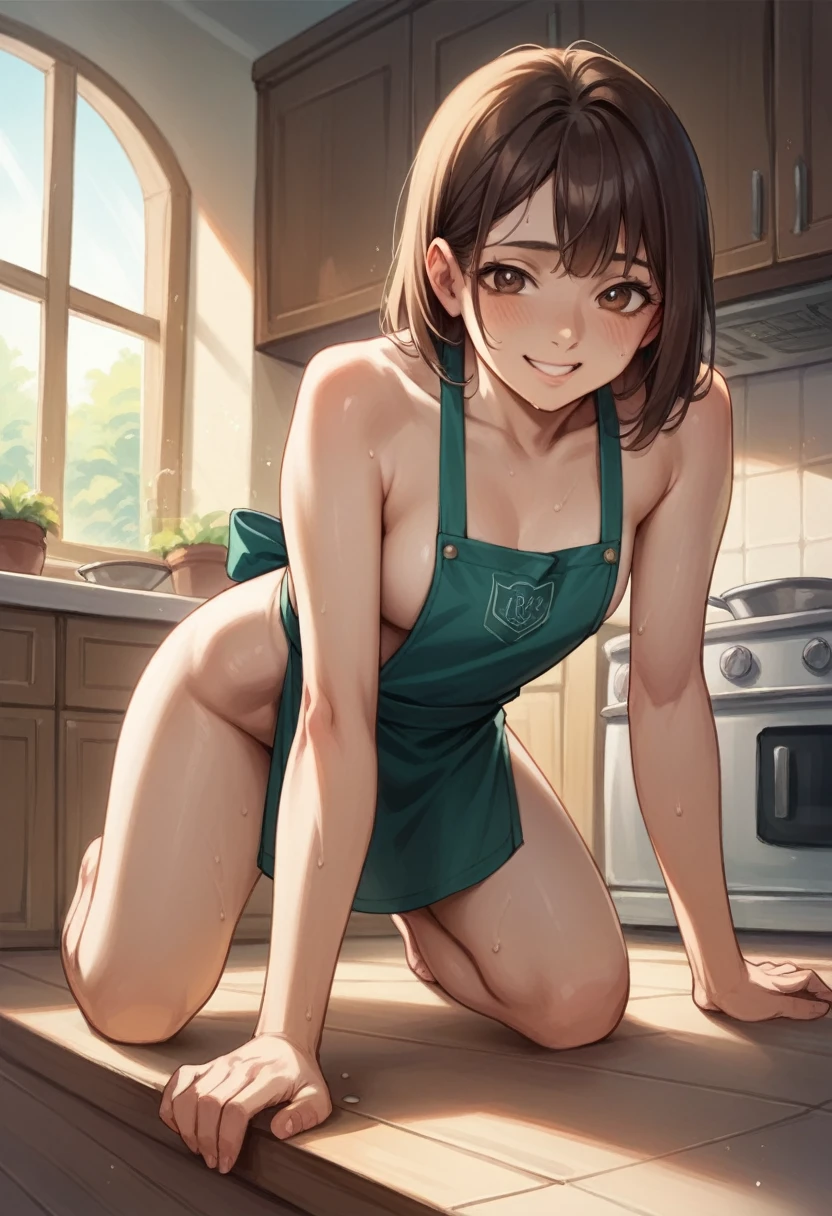 Cute 1，apron，White skin，View your viewers，Brown eyes，Realistic，In the kitchen，smile，Low chest，Huge boobs、Sweat、Masturbating、looks comfortable、On all fours