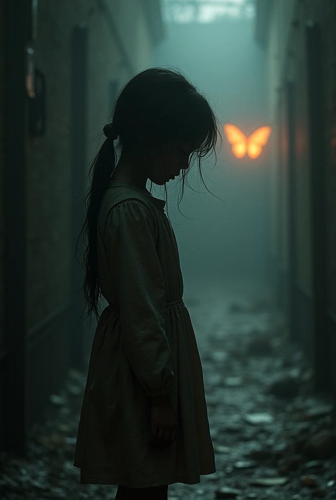 abused girl in the dark and a glowing fiery small butterfly in the distance