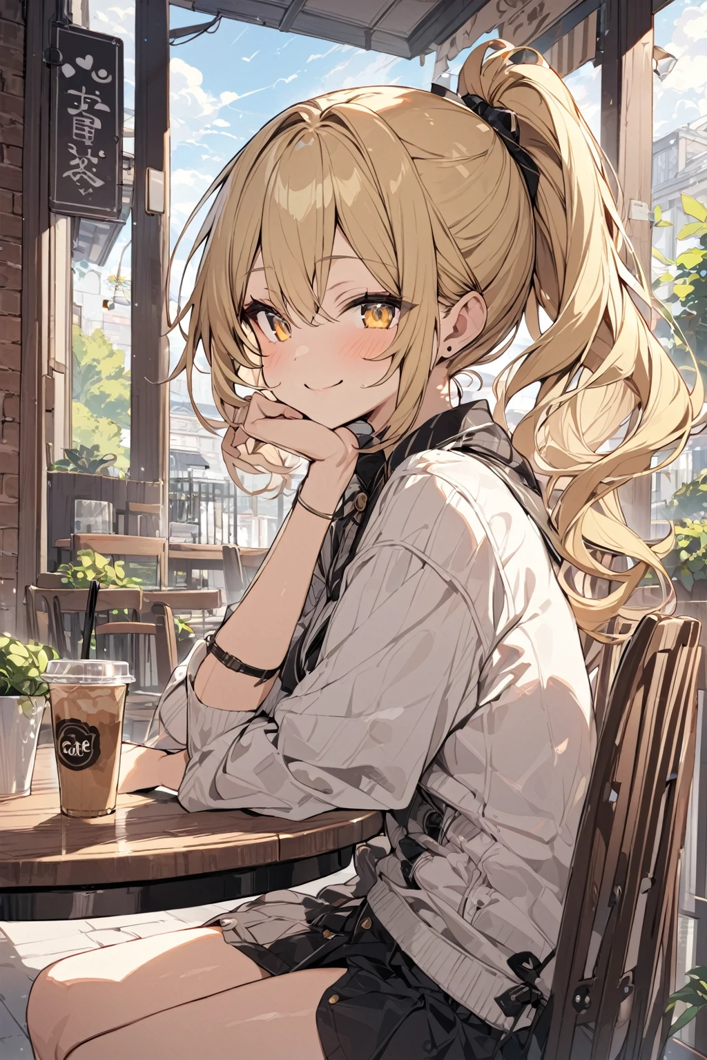 masterpiece, best quality, extremely detailed, cute girl, solo, blonde hair, yellow eyes, long ponytail, noon, cafe, table, sitting chair, smile 