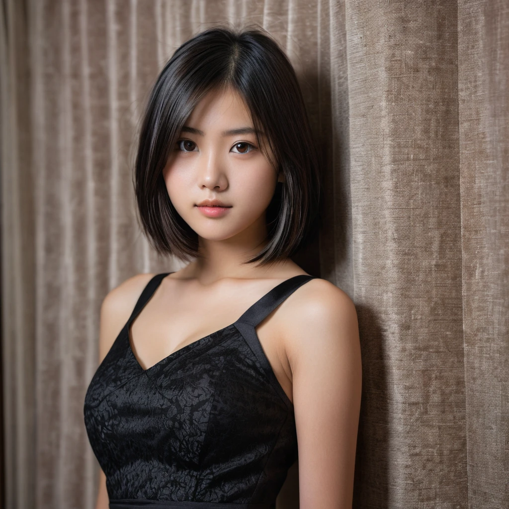 Yui, photo of female, age 15 year, black shoulder length hair with brown highlights; (dslr, ultra quality, film grain, Fujifilm XT3, crystal clear, 8K UHD, highly detailed glossy eyes, high detailed skin, skin pores); big breasts, full body photo, tight fit black sleeveless ultrashort soft cotton dress, in front of fabric wall