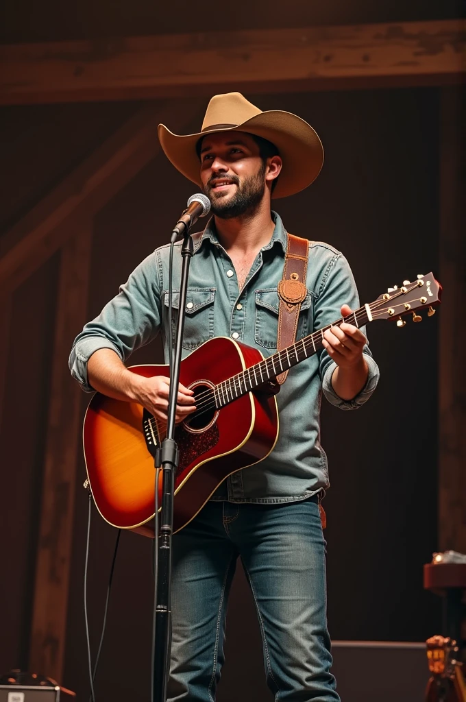 Cantor estilo country, with brown cowboy hat , wearing country singer clothes. He is on stage singing into a microphone and playing a guitar.