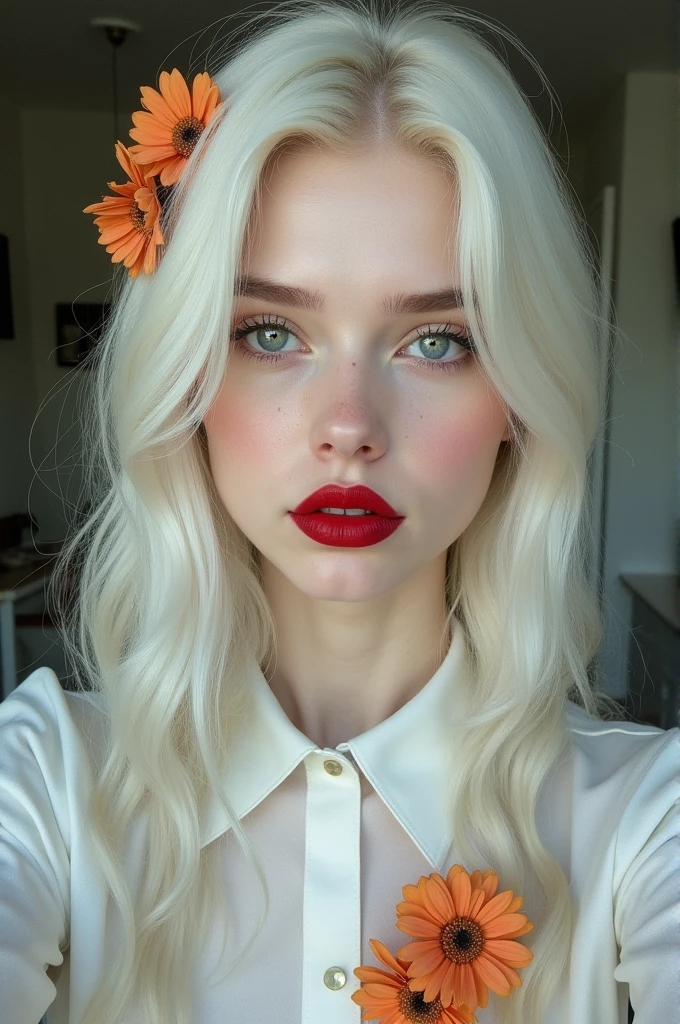 generate a photo of a woman with an aesthetic appearance, pale skin, long platinum white hair, wearing dark red lipstick with gloss, wearing a white long-sleeved blouse with orange flowers, taking a selfie, serious expression