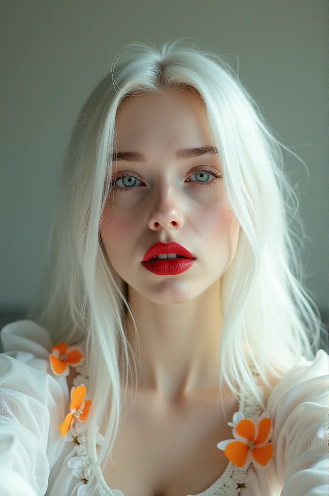 generate a photo of a woman with an aesthetic appearance, pale skin, long platinum white hair, wearing dark red lipstick with gloss, wearing a white long-sleeved blouse with orange flowers, taking a selfie, serious expression
