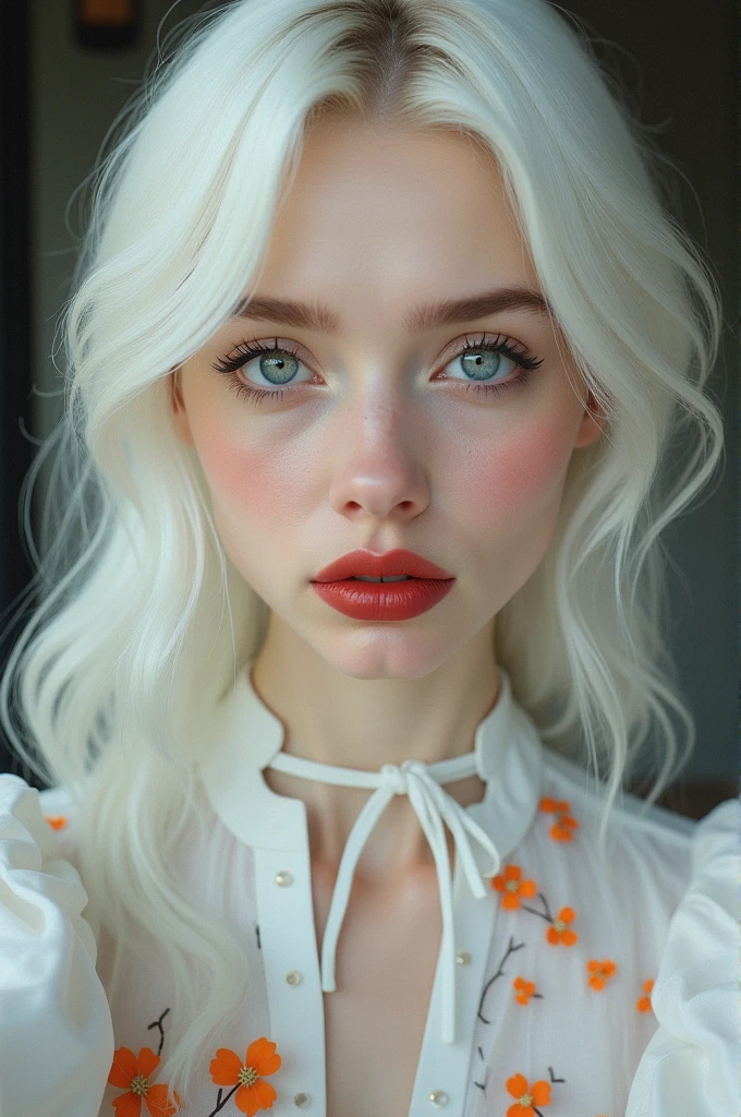 generate a photo of a woman with an aesthetic appearance, pale skin, long platinum white hair, wearing dark red lipstick with gloss, wearing a white long-sleeved blouse with orange flowers, taking a selfie, serious expression