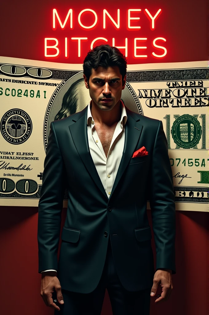 Create an image with a $100 bill as a background and Antonio Montana from the movie Scarface next to it with a phrase that says money before bitches 