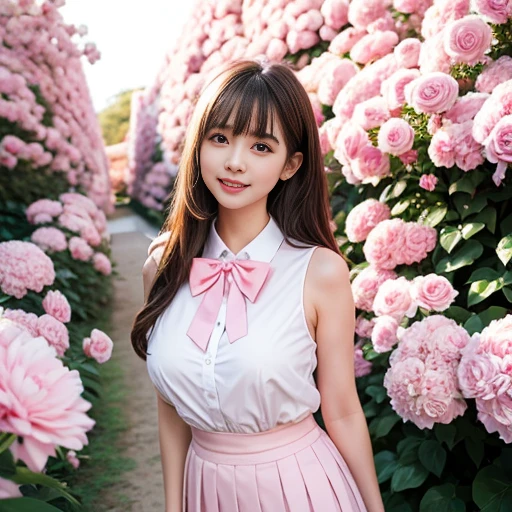 Pink short pleated skirt,in the flower field，Wearing a white sailor suit，pink bow tie，Pink navy collar，1 female, On the face, laughing out loud, light brown hair, blunt bangs, hair behind ears, Shoulder-length hair, long hair, Slender body type, 超face slimming型, face slimming, delicate lips, beautiful eyes, Thin blush, Eyes are light brown,View here, (actual:1.3), One person's perspective, 8k, Super detailed, high quality, best quality, High resolution, ，Large Breasts，wear a H cup, 
