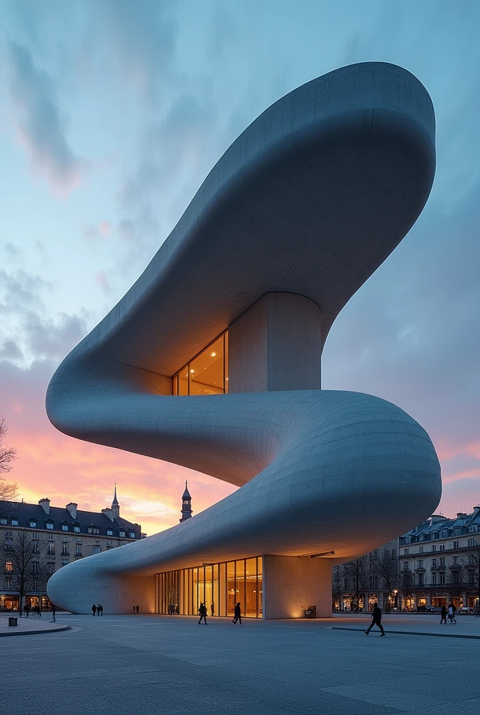 Artistic photographic image of a building designed by Tadao Ando, inspired by the form of a blue sea dragon, located in the heart of Paris. The design is modern yet minimalist, featuring smooth concrete surfaces and fluid, curved lines. The scene is set at sunset, with dramatic, cinematic lighting that enhances the complex play of shadows and illumination on the building’s surfaces. The backdrop is a Parisian cityscape, with the building standing out as a striking, sculptural centerpiece against the evening sky."




