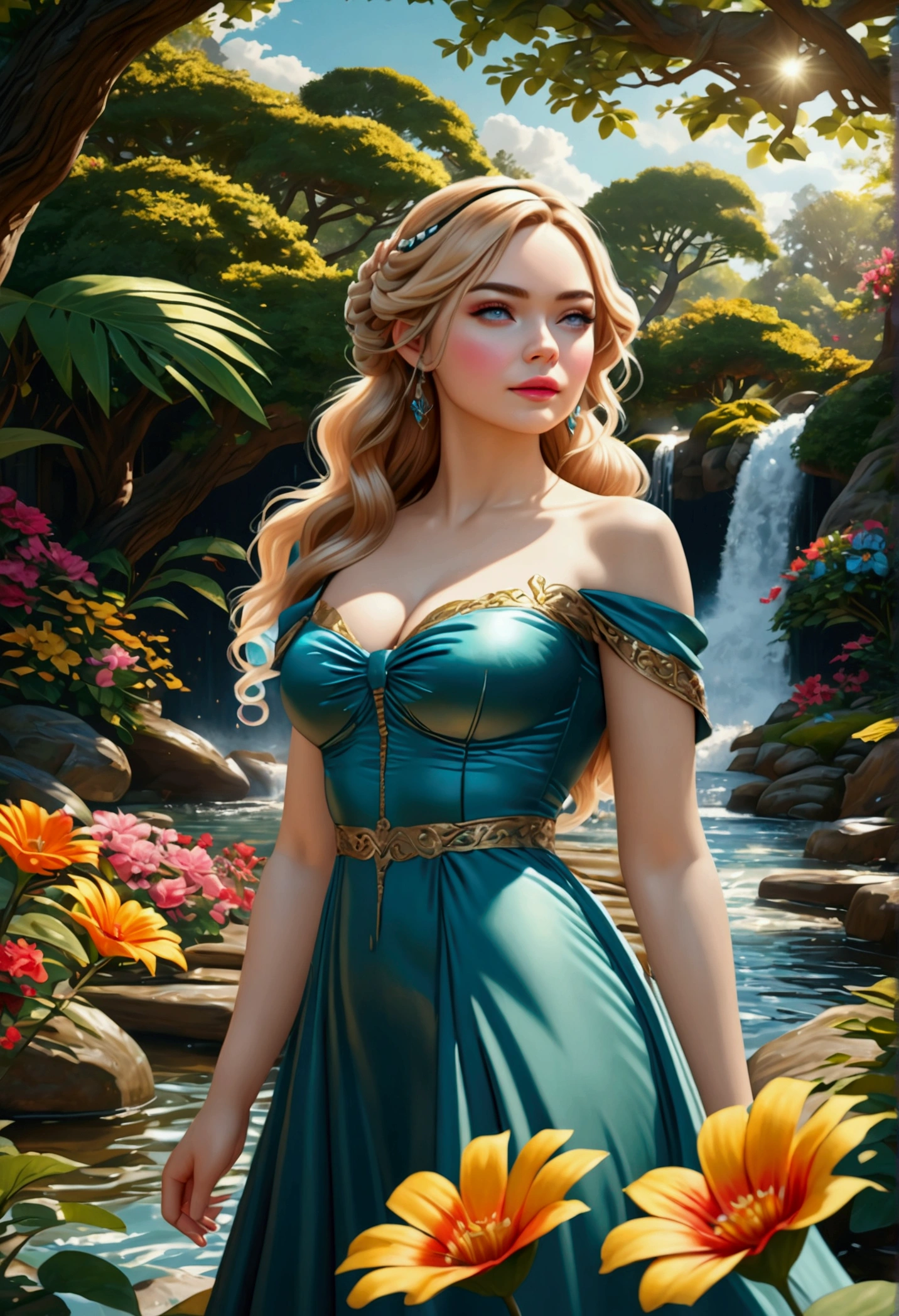A beautiful woman in a flowing green dress, long wavy hair, detailed facial features, elegant pose, standing in a lush garden with colorful flowers, sunlight filtering through the trees, cinematic lighting, vibrant colors, intricate details, photorealistic, 8K, masterpiece, (best quality,4k,8k,highres,masterpiece:1.2),ultra-detailed,(realistic,photorealistic,photo-realistic:1.37),HDR,UHD,studio lighting,ultra-fine painting,sharp focus,physically-based rendering,extreme detail description,professional,vivid colors,bokeh,portrait
