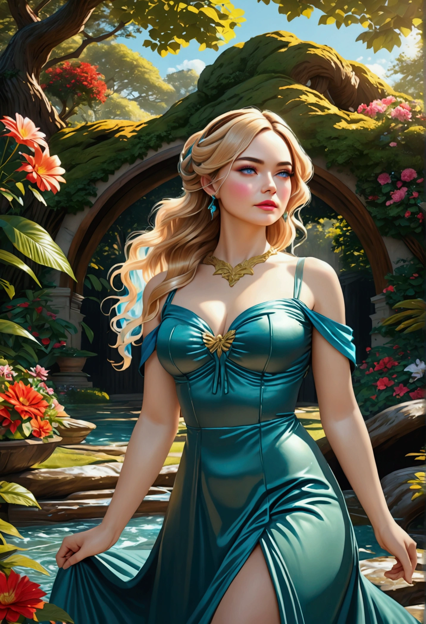A beautiful woman in a flowing green dress, long wavy hair, detailed facial features, elegant pose, standing in a lush garden with colorful flowers, sunlight filtering through the trees, cinematic lighting, vibrant colors, intricate details, photorealistic, 8K, masterpiece, (best quality,4k,8k,highres,masterpiece:1.2),ultra-detailed,(realistic,photorealistic,photo-realistic:1.37),HDR,UHD,studio lighting,ultra-fine painting,sharp focus,physically-based rendering,extreme detail description,professional,vivid colors,bokeh,portrait