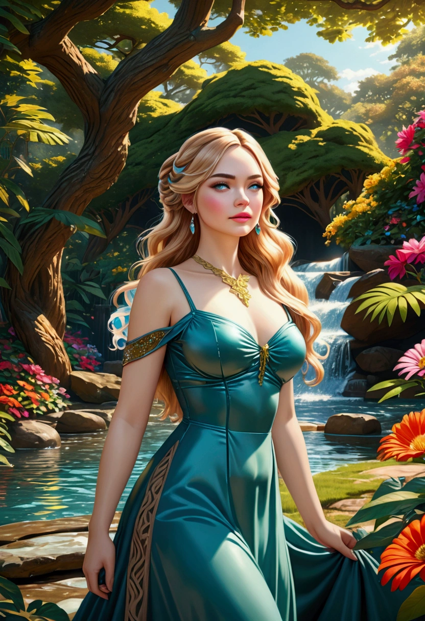 A beautiful woman in a flowing green dress, long wavy hair, detailed facial features, elegant pose, standing in a lush garden with colorful flowers, sunlight filtering through the trees, cinematic lighting, vibrant colors, intricate details, photorealistic, 8K, masterpiece, (best quality,4k,8k,highres,masterpiece:1.2),ultra-detailed,(realistic,photorealistic,photo-realistic:1.37),HDR,UHD,studio lighting,ultra-fine painting,sharp focus,physically-based rendering,extreme detail description,professional,vivid colors,bokeh,portrait
