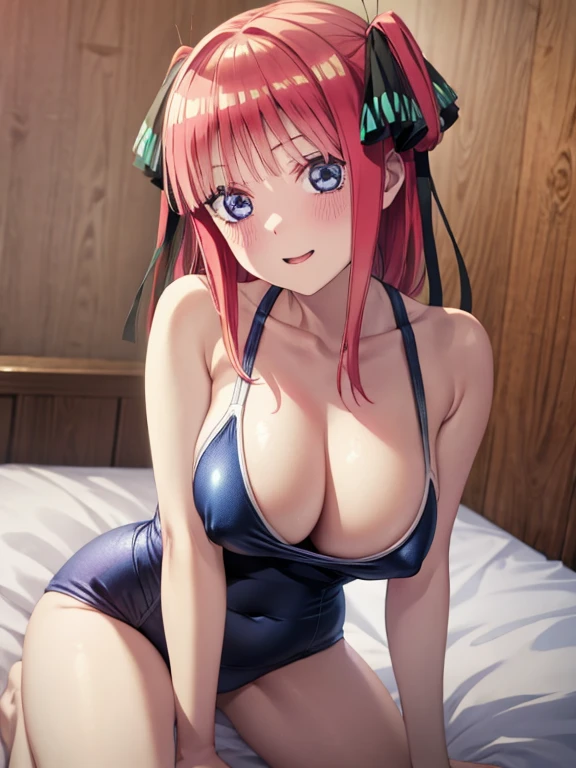 best quality, insanely detailed, nino nakano, breasts, blush, bedroom background, looking at viewer, cheerful eyes,arousal, one-piece swimsuit, nipple, old school swimsuit