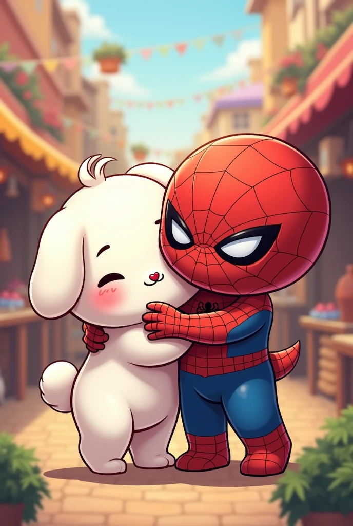 will praise a logo that says “CinamonSpider Bazar” that has an image of Cimanoroll (of Sanrio) and Spiderman giving each other a hug
