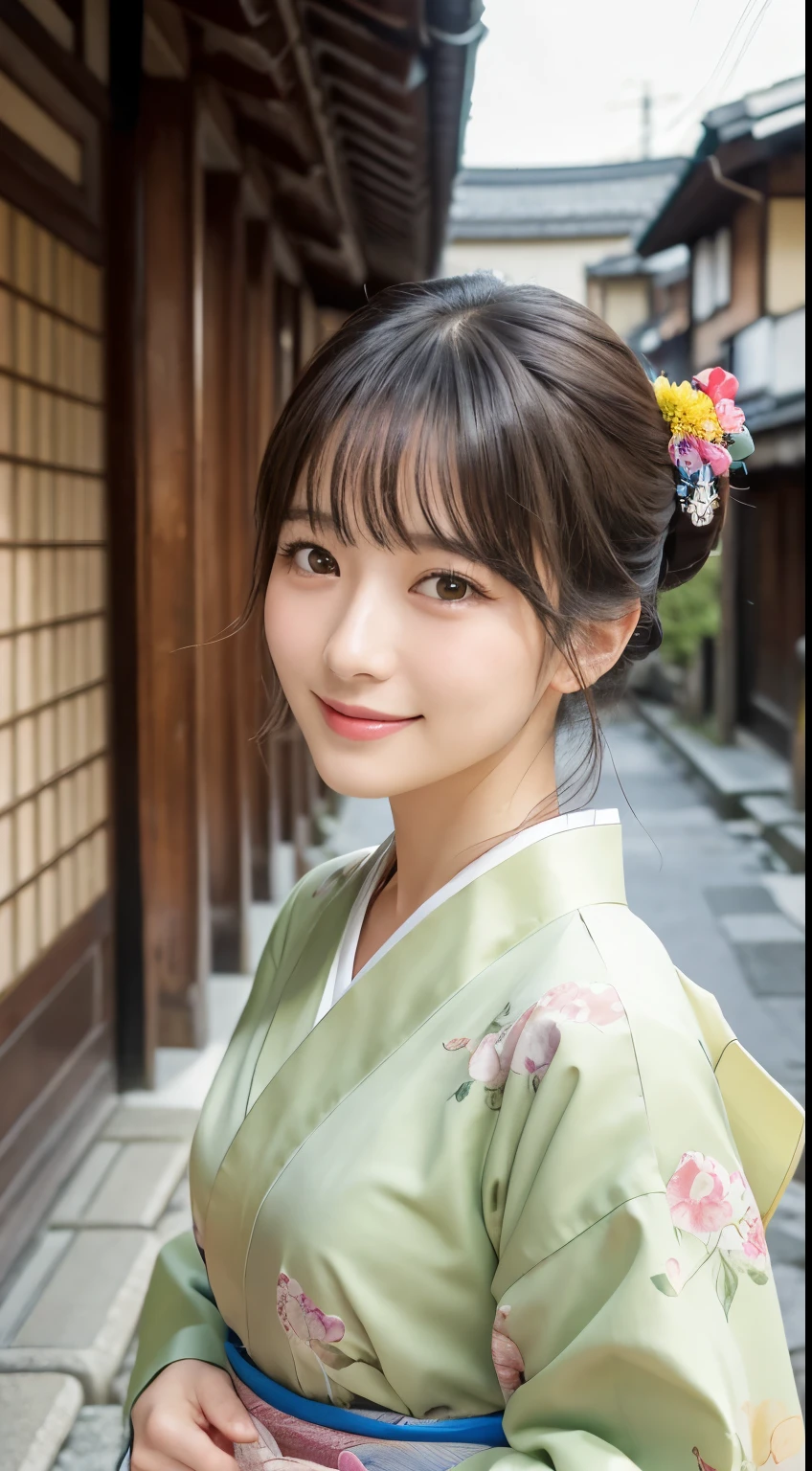 Professional Lighting,(Photorealistic:1.4), (Top image quality:1.0), (超High resolution:1.0), 8k, Raw photography, (masterpiece:0.2), (Facing the children_v1:0.5)、(最高quality Detail:1.2)、Realistic、8k UHD、High resolution、(1 person:1.2)、超detailedな、High quality textures、複雑なdetailed、detailed、Very detailed CG、High quality shadows、detailed 美しく繊細な顔、Beautiful details and a delicate eye、(Symmetrical eyes:1.2),Written boundary depth、Ray Tracing,1 person, Japanese, (Natural smile:1.4),cute, thin, Portrait of a beautiful Japanese woman in a kimono, Standing elegantly on a street corner in Kyoto. Kimono with vibrant traditional patterns, Hair decorated with elegant and delicate hairpins, Gentle expression. (With the old streets of Kyoto in the background:1.4)、The soft light of a spring afternoon、Adding tranquility to the scene. Rendered in a Realistic style with great attention to detail, High resolutionの画像.Sky Porn, Magic Hour, (Realistic:1.3), finely, quality, (Tabletop:1.2), (Realistic:1.2), (最高quality), (複雑なdetailed), dramatic, Ray Tracing, photograph, +roller