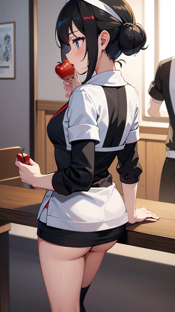 Undressing maid, Pokémon Trainer,((training)),stripe,Nun eating an apple