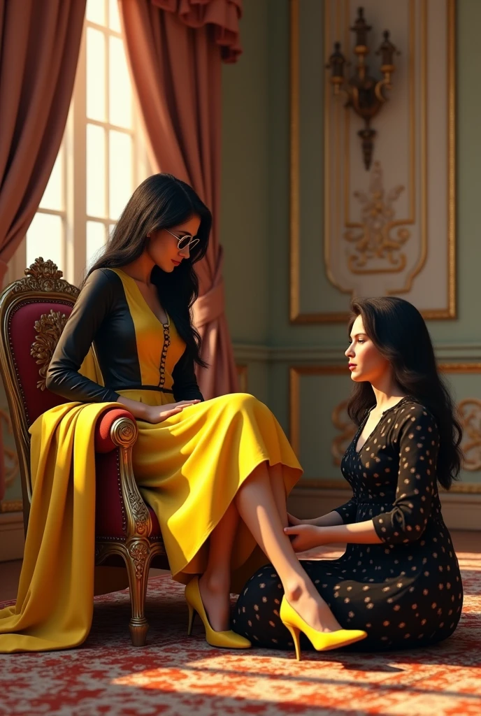 Create a 3D realistic image of a 20-year-old girl wearing a yellow and black shalwar kameez, elegant dress and yellow high-heeled shoes, with sunglasses, sitting on a fancy chair. While the other girl is sitting at his feet and kissing his feet. They both are sitting in a beautiful room.