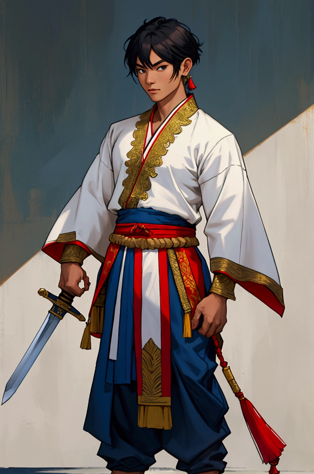 man,short hair,Thai dress, Thai shirt,Blue chong kraben pants,No shoes while standing.Ancient Thai costume, holding a sword