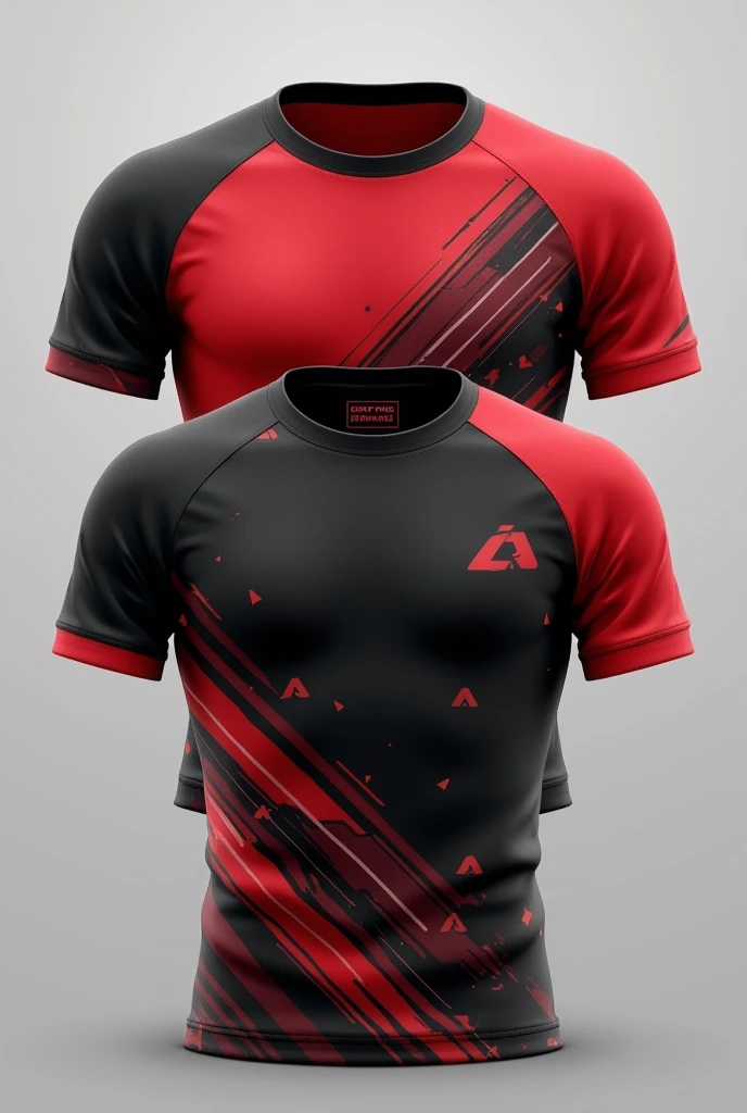Shirt templates for the front and back with a design for a swimming team with a round neck and with the colors red and black
