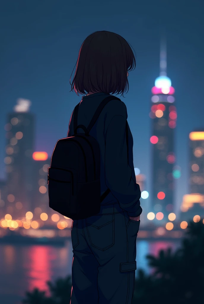 Girl with her back turned and shoulder-length brown straight hair,wide cargo jeans and a black sweatshirt,with a basic black backpack ,and in the background a city at night